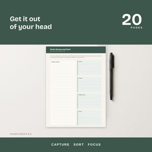 May include: A white Brain Dump and Sort planning sheet with a dark green header, featuring a large left column for notes and four smaller right-hand sections labeled Do now, Do later, Delegate/Ask, and Drop it, accompanied by a black pen.