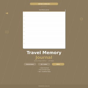 以下が含まれることがあります： 砂ベージュ版の「Travel Memory Journal」のデジタルダウンロード。20ページで、A4とレターサイズで利用可能。画像には「インスタントダウンロード」と「無制限のコピーを印刷」というテキストも含まれています。