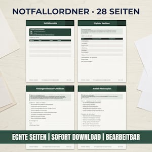 May include: A set of four document pages titled Notfallordner 28 Seiten, featuring sections for emergency contacts, digital legacy, power of attorney checklists, and emergency action plans with dark green headers and white backgrounds.