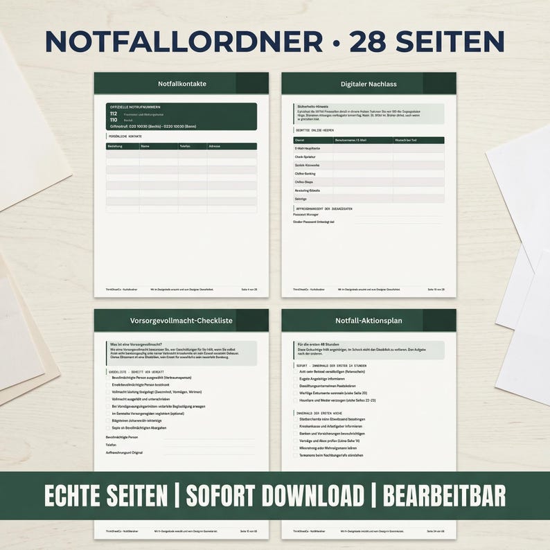 May include: A set of four document pages titled Notfallordner 28 Seiten, featuring sections for emergency contacts, digital legacy, power of attorney checklists, and emergency action plans with dark green headers and white backgrounds.