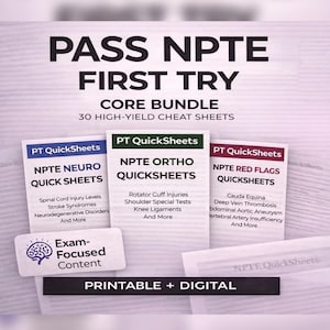 Puede incluir: Imagen de materiales de estudio para el examen NPTE. La imagen presenta tres "PT QuickSheets" con títulos como "NPTE NEURO", "NPTE ORTHO" y "NPTE RED FLAGS". El texto "PASS NPTE FIRST TRY" está en la parte superior, con "CORE BUNDLE" y "30 HIGH-YIELD CHEAT SHEETS" debajo.