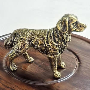 Conjunto de 2 estatuetas de cachorro Golden Retriever em latão, estilo vintage com pátina, para decoração de mesa ou chá.