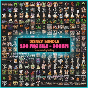 May include: A digital collection of 230 Disney-themed Halloween PNG files featuring various characters in costumes, pumpkins, and festive designs. The central text reads DISNEY BUNDLE 230 PNG FILE - 300DPI Commercial printing on a dark background.