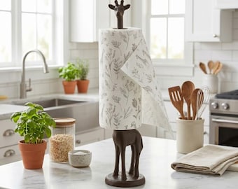 Giraffe Paper Towel Holder, Antique Bronze Cast Iron Kitchen Decor, Farmhouse Toilet Ornament, Vintage Animal Sculpture for Office & Desk