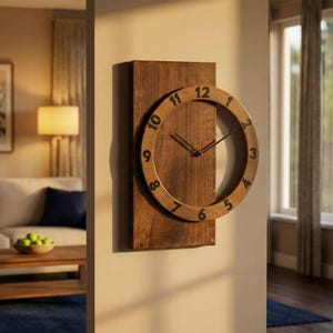 May include: A wooden wall clock featuring a rectangular backing and a circular clock face. The clock has black numerals and hands, with a red second hand. The clock is mounted on a light-coloured wall, and the design is rustic and modern.