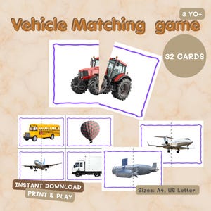 Peut inclure: Un jeu d'association de véhicules avec 32 cartes, présentant des illustrations de divers véhicules tels qu'un tracteur rouge, un bus scolaire, un avion, etc. Le jeu est conçu pour les enfants de 3 ans et plus. Le texte "Téléchargement instantané Imprimer et jouer" est également visible.