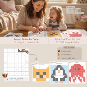 May include: A mother and child work on animal color-by-code puzzles. The image shows a coding puzzle for kids with 20 animal pixel puzzles. The puzzles are designed to build logic, boost focus, and develop EF skills. The puzzles are for ages 4+.