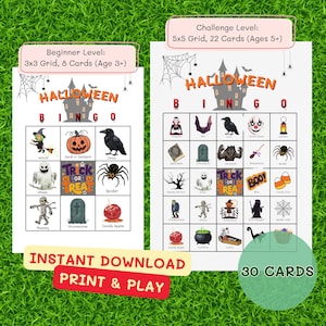Peut inclure: Jeu de bingo d'Halloween avec deux niveaux de jeu. Le niveau débutant est une grille 3x3 avec 8 cartes pour les 3 ans et plus, et le niveau défi est une grille 5x5 avec 22 cartes pour les 5 ans et plus. Le jeu présente des images sur le thème d'Halloween.