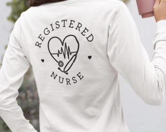 Camiseta de manga larga con estetoscopio y latido cardíaco para enfermeras registradas – Camiseta para enfermeras de cuidados intensivos