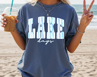 Comfort Colors Lake Days Striped Summer T-Shirt, Preppy Cottage Coastal Shirt