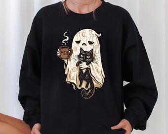 Ghost Cat Sweatshirt, Spooky Black Cat Graphic Sweater, Funny Introvert Halloween Coffee Lover Crewneck