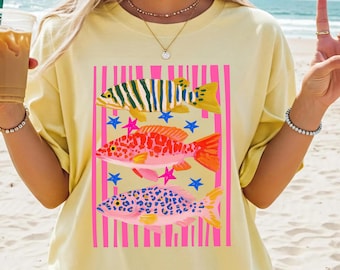 Comfort Colors Preppy Fish Shirt, Summer Vacation T-Shirt, Beach Vibes Top, Fishing Tshirt