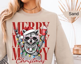 Funny Feral Raccoon Christmas Sweatshirt, Merry Xmas Sweater, Retro Holiday Crewneck, Vintage Winter Apparel