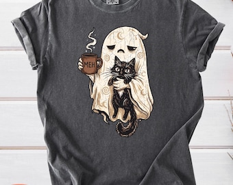 Comfort Colors Ghost Cat Shirt, Spooky Black Cat Graphic T-Shirt, Funny Introvert Halloween Coffee Lover Tee