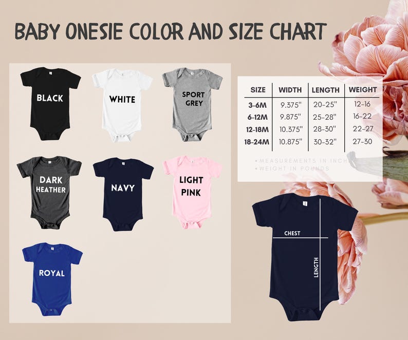 May include: Baby onesie color and size chart. Colors include black, white, sport grey, dark heather, navy, light pink, and royal. Size chart shows width, length, and weight in inches and pounds for sizes 3-6M to 18-24M.
