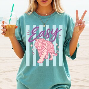 May include: Teal-colored t-shirt with a pink tiger graphic and the word "Easy" in a cursive font. The design includes light blue vertical stripes and star accents. The shirt is a relaxed fit.