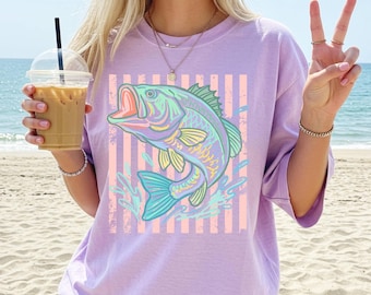 Retro Bass Fish Comfort Colors T-Shirt, Pastel Fishing Tee, Preppy Coastal Lake Shirt