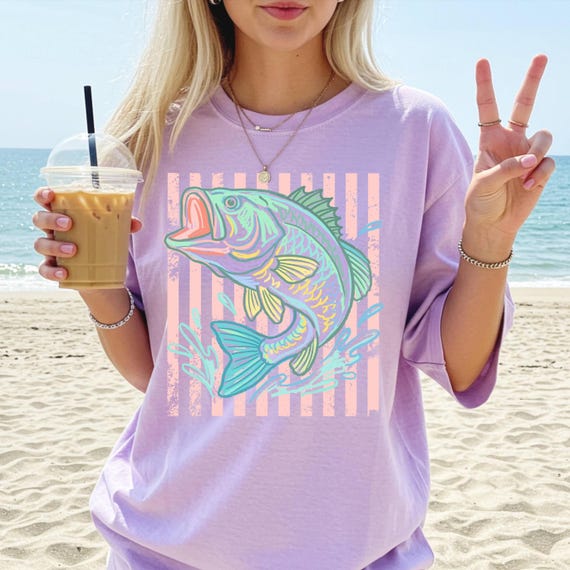 Retro Bass Fish Comfort Colors T-Shirt, Pastel Fishing Tee, Preppy Coastal Lake Shirt