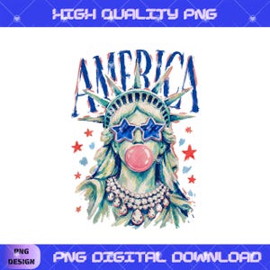 May include: A digital illustration of the Statue of Liberty wearing blue star-shaped sunglasses and a large crystal necklace, blowing a pink bubblegum bubble. The word AMERICA is written in blue above the head, surrounded by red and blue stars.