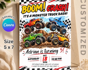 May include: A rectangular party invitation featuring four monster trucks in red, blue, green, and yellow on a dirt track. The text reads BOOM! CRASH! IT'S A MONSTER TRUCK BASH! Adrian is turning 5! Saturday Oct 18 2026 12:30 PM 777 Street Drive, Any City, ST 01234.