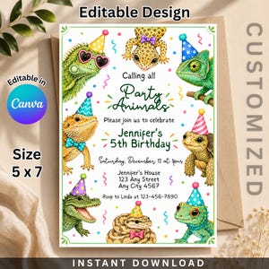 May include: A 5x7 inch birthday invitation card featuring colorful illustrations of various reptiles including a gecko, chameleon, bearded dragon, turtle, and snake, all wearing party hats. The text reads Calling all Party Animals, Jennifer's 5th Birthday, Saturday, December 12 at 1pm, Jennifer's House, 123 Any Street, Any City 4567, and RSVP to Linda at 123-456-7890.