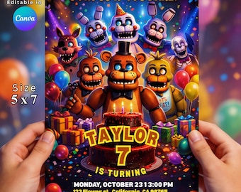 Invito di compleanno a tema Freddy Five Nights, modificabile in Canva, stampabile per feste horror, per il settimo compleanno di un bambino, download digitale e immediato.