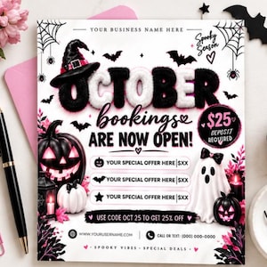 May include: A rectangular flyer featuring the text OCTOBER bookings ARE NOW OPEN! with a witch hat, jack-o'-lanterns, a ghost, bats, and spiderwebs in black, white, and pink. Includes placeholders for special offers and contact details.