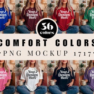 May include: A collection of short-sleeved t-shirts in various colors, each featuring the white text Your Design Here with a crescent moon and stars. The central graphic displays 36 colors, Comfort Colors, and PNG Mockup 1717 in bold black text.