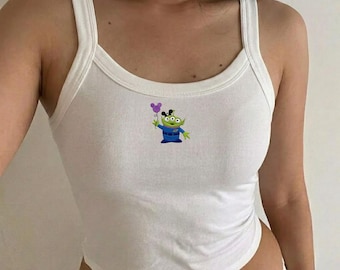 Embroidered Space Alien Baby Tee, Toy Story Inspired Fitted Top, Magic Theme Park Vacation Outfit, Y2K Ribbed Crop Top, Mickey Balloon Tee