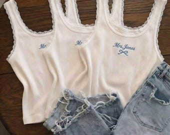 Custom Bride Embroidered Tank Top Lace, Personalized Mrs Name Wedding Camisole, Bachelorette Party Ribbed tank, Something Blue Bridal Gift