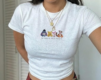 Winnie the Pooh Friends Embroidered Baby Tee, Eeyore Piglet Tigger Shirt, Y2K Ribbed Crop Top, Disney Bound Trip Outfit Gift