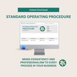 May include: A computer monitor displays a Standard Operating Procedure document template with a white lily logo. The screen shows fields for SOP number, version, effective date, department, process owner, approval, and review information.