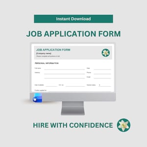 Puede incluir: Un formulario de solicitud de empleo digital en la pantalla de un ordenador. El documento incluye campos para información personal, fecha, teléfono, correo electrónico y salario. Se ve un icono azul de Word y un logotipo de flor blanca.