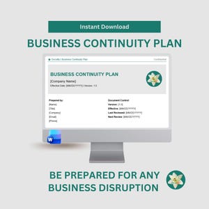 Può includere: Un monitor di computer che mostra un modello di documento di Piano di Continuità Operativa con campi per nome dell'azienda, date e contatti. Un'icona di Microsoft Word è visibile nell'angolo, con il testo Business Continuity Plan.