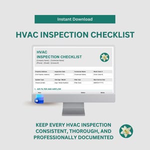 May include: A digital HVAC inspection checklist template displayed on a computer monitor. The document includes fields for company name, technician name, property address, inspection date, system type, and air filter and airflow status.
