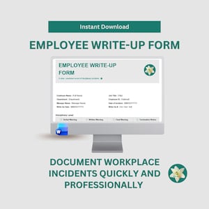 May include: A computer monitor displays an "EMPLOYEE WRITE-UP FORM" with fields for employee details and disciplinary actions. The form is designed for documenting workplace incidents. The image includes the text "Instant Download."