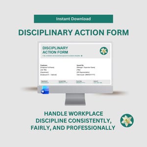 Peut inclure: Un modèle numérique de formulaire d'action disciplinaire affiché sur un écran d'ordinateur. Le document comprend des champs pour les détails de l'employé, les informations du responsable et les dates d'incident. Une icône Word est visible.