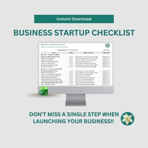 May include: A computer monitor displays a business startup checklist. The screen shows a detailed list with sections for business planning and legal registration. The text "Instant Download" and "Don't miss a single step when launching your business!!" are also visible.