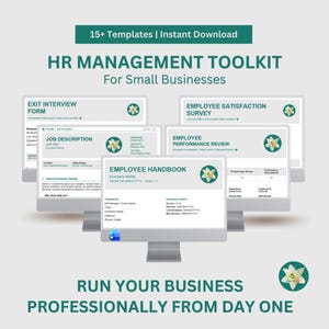 May include: An HR Management Toolkit for small businesses featuring 15+ templates. The digital display shows documents including an Exit Interview Form, Job Description, Employee Satisfaction Survey, Employee Performance Review, and Employee Handbook.