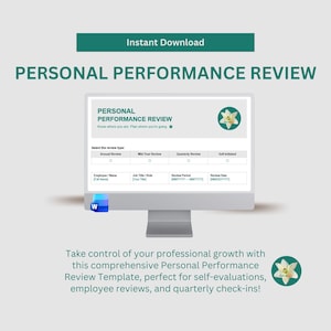 Puede incluir: Un monitor de computadora muestra una plantilla de "Revisión de Desempeño Personal". La pantalla muestra campos para el tipo de revisión, la información del empleado y el período de revisión. También es visible el texto "Descarga instantánea".