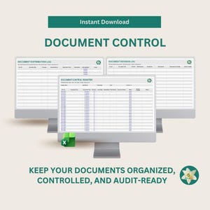 May include: A digital document control template set featuring three computer monitors displaying a Document Distribution Log, Document Revision Log, and Document Control Register. Includes an Excel icon and the text Instant Download.