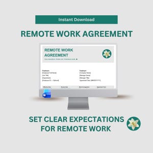 May include: A computer monitor displays a "Remote Work Agreement" document. The screen shows fields for employee and employer details, with the text "Set Clear Expectations for Remote Work" below. The image includes the text "Instant Download".