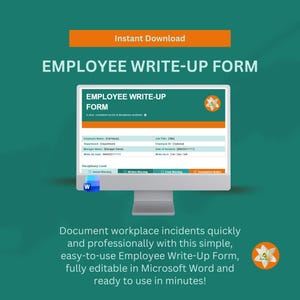 May include: A computer monitor displays an "EMPLOYEE WRITE-UP FORM" template. The form is designed for documenting workplace incidents. The image includes the text "Instant Download" and a call to action to use the form in Microsoft Word.