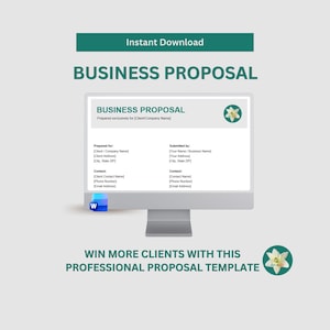 May include: A digital business proposal template displayed on a computer monitor screen. The document includes fields for client and company information, contact details, and a floral logo. A Microsoft Word icon is visible at the bottom left.