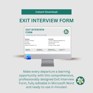 Puede incluir: Imagen digital de un Formulario de Entrevista de Salida que se muestra en un monitor de computadora. El formulario incluye campos para los detalles del empleado y de la salida. El texto "Descarga instantánea" y "FORMULARIO DE ENTREVISTA DE SALIDA" están en la parte superior.