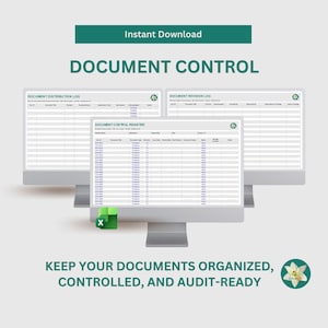 Puede incluir: Tres monitores de computadora que muestran plantillas digitales de control de documentos, incluyendo un registro de distribución, registro de revisión y registro de control. Un icono de Excel es visible. Texto: Instant Download, DOCUMENT CONTROL, KEEP YOUR DOCUMENTS ORGANIZED, CONTROLLED, AND AUDIT-READY.