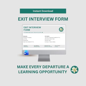 May include: A digital exit interview form displayed on a computer monitor screen. The document includes fields for employee details, exit information, and department data. A small blue Microsoft Word icon is visible on the screen corner.