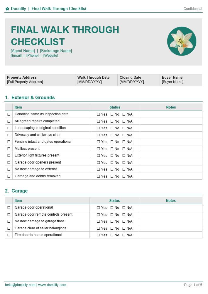 Final Walk Through Checklist Word | Editable Real Estate Agent Template ...