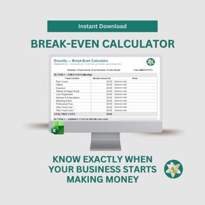 May include: A computer monitor displaying a break-even calculator template. The screen shows a spreadsheet with sections for fixed costs and variable costs. Text at the top reads "Instant Download" and "BREAK-EVEN CALCULATOR". The bottom text says "KNOW EXACTLY WHEN YOUR BUSINESS STARTS MAKING MONEY".