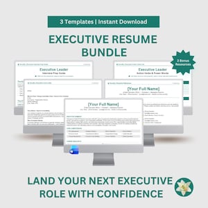 May include: An image of a computer screen displaying an executive resume bundle. The screen shows templates for an interview prep guide, action verbs, and power words. The text reads "Executive Resume Bundle" and "Land Your Next Executive Role With Confidence."
